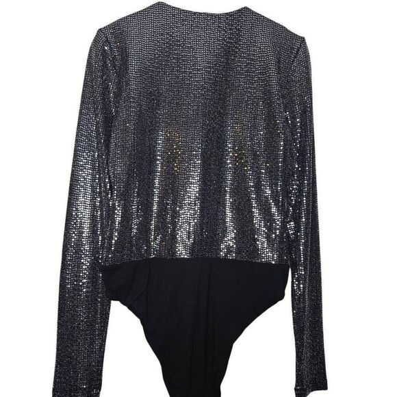 Bardot Long Sleeve Silver Black Bodysuit Sparkle Size Small - Picture 5 of 7